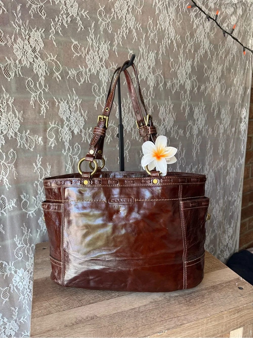 Coach Brown Leather Shoulder Tote with Floral Charm